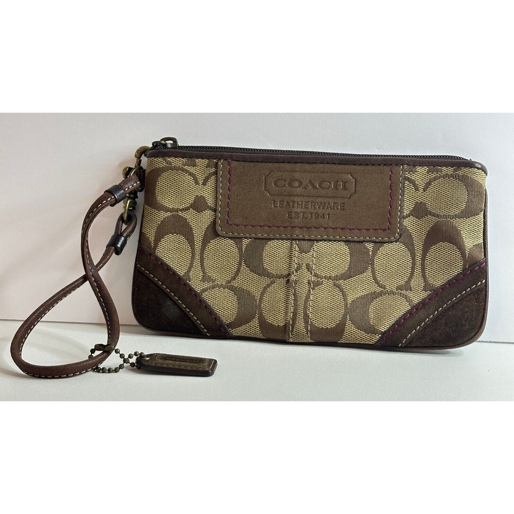 Coach Signature Leather Trim Wristlet with Purple Stitching/Inner Lining